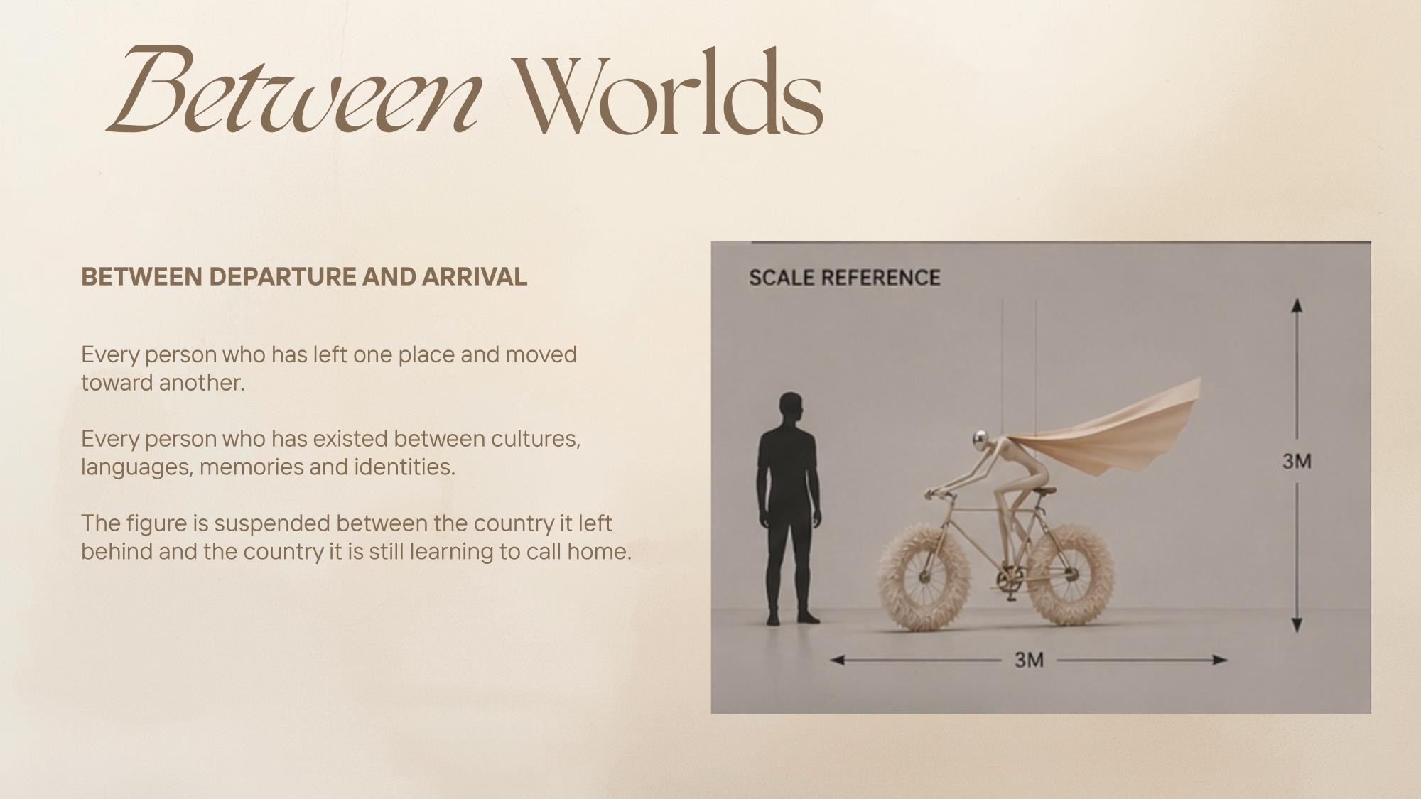 Between departure and arrival — scale reference, 3 by 3 metres