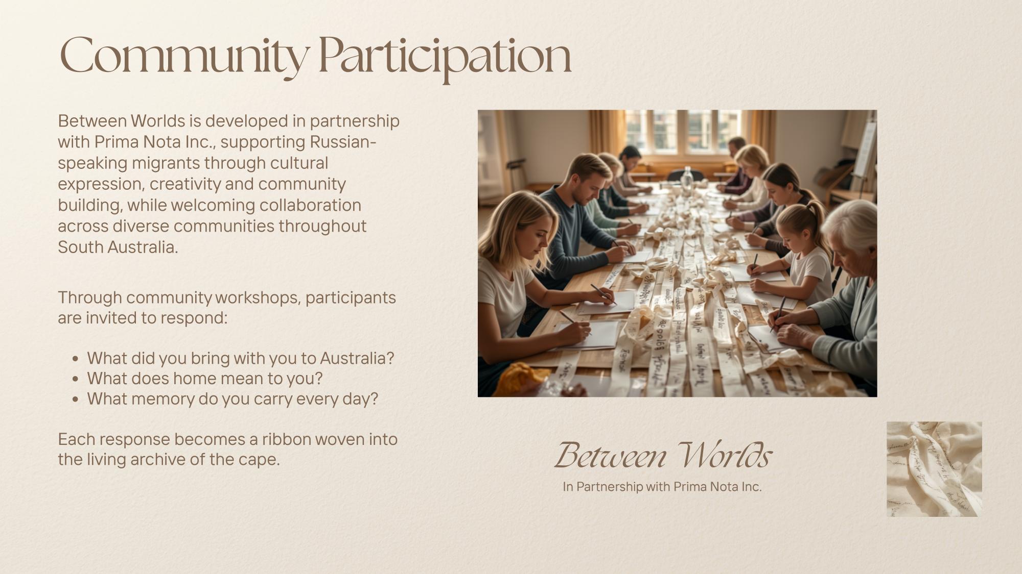 Community participation — workshop table where migrant community members handwrite ribbons