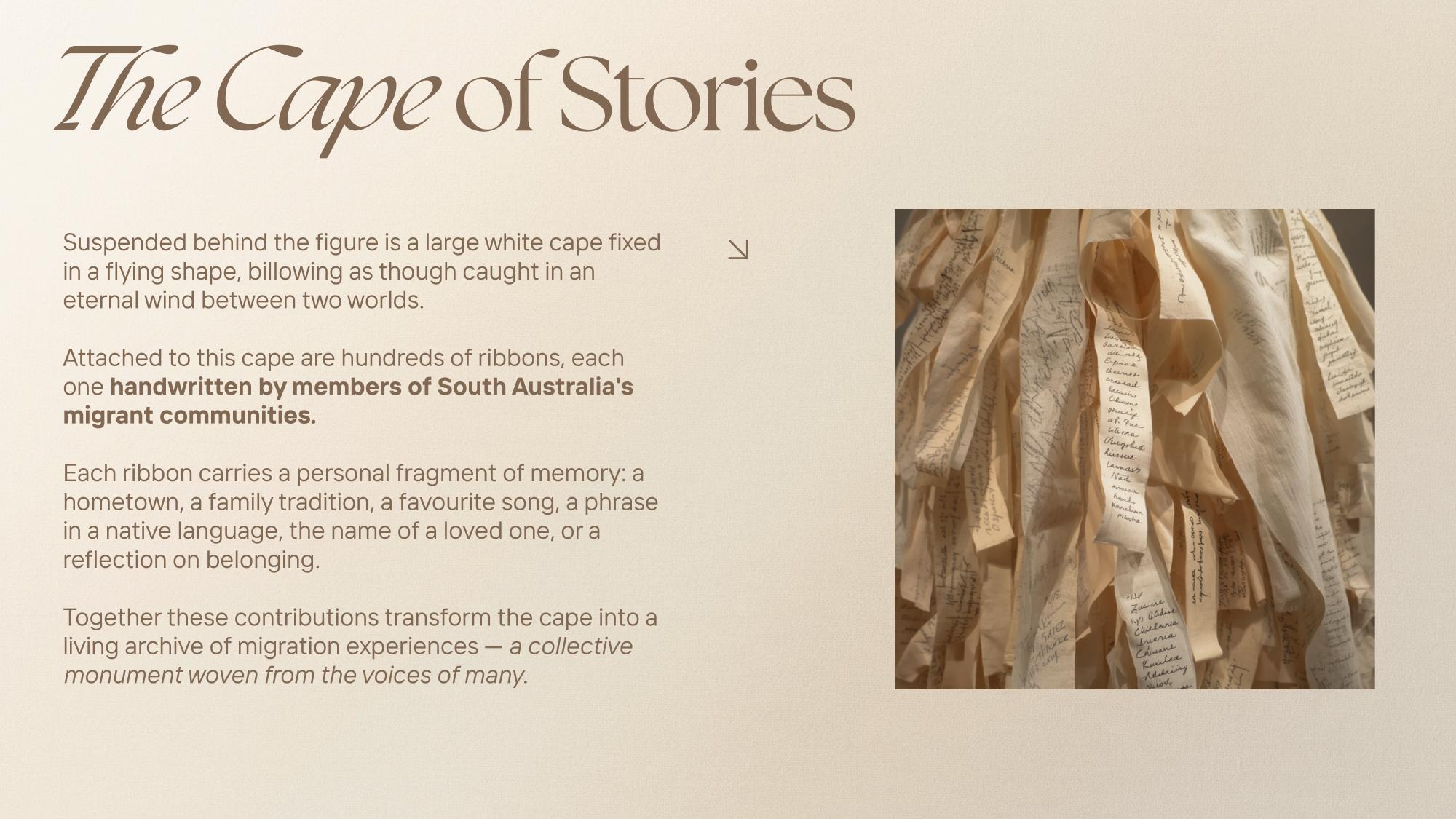 The Cape of Stories — hundreds of handwritten ribbons attached to the flying cape