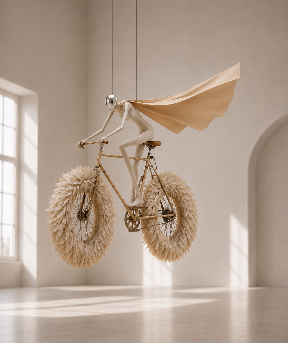 Between Worlds sculpture — a faceless traveller riding a bicycle with feathered wheels, suspended in a gallery space
